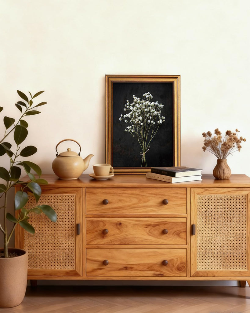 Vintage Gold Framed Wall Art, Retro Dark Dried Wildflower Canvas, Aesthetic Classic Botanical Baby Breath Bouquet