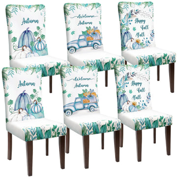 Fall Chair Cover 6 Thanksgiving Dining Protector Blue Pumpkin Truck