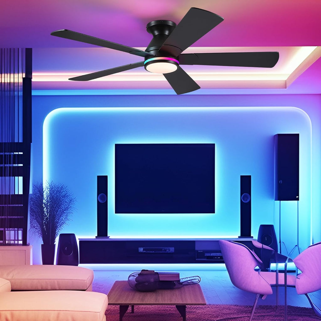 52In Black RGB Ceiling Fans with Lights - Flush Mount Low Profile Ceiling Fan Light with Remote/APP, RGB+3CCT 6 Wind Speeds and Reversible, Modern Fan Light Fixture for Party, Kid's Room