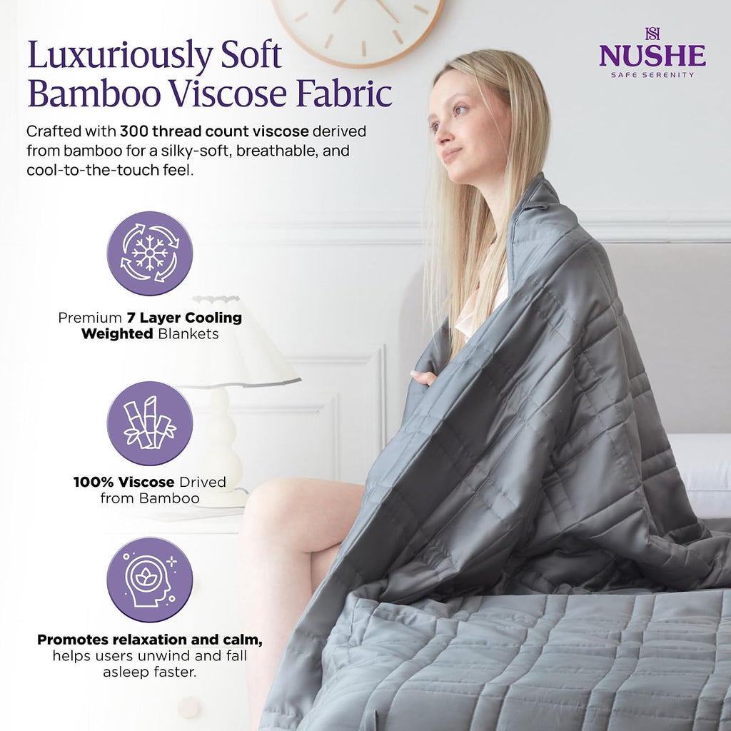 Cooling Weighted Blanket - 15 lb Twin Grey Bamboo Viscose | 48 x 72 in, Adults 120-170 lb, 7 Layer Design, 10 x 10 in