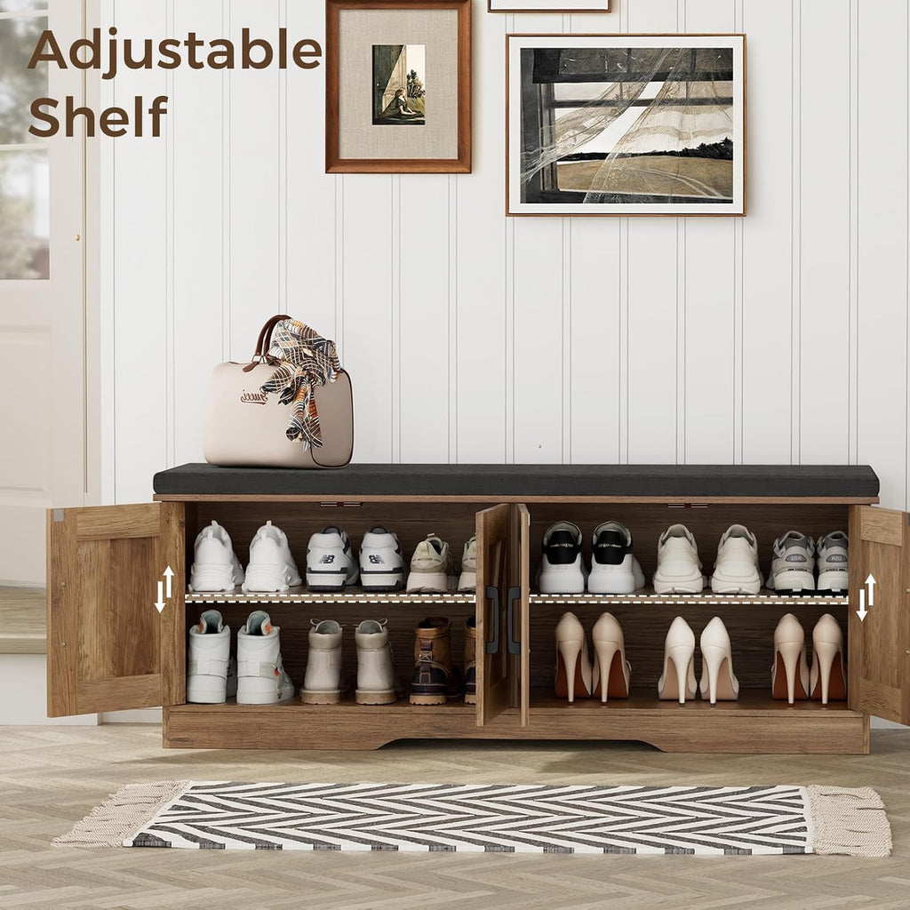 Farmhouse Shoe Storage Bench with 4 Barn Doors & Padded Seat Cushion | 47.2" Wide Entryway Bench with Adjustable