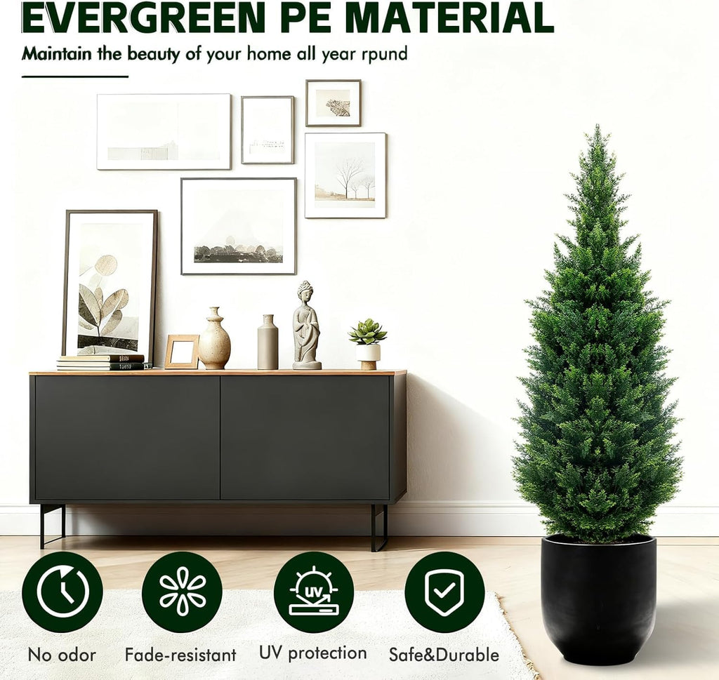 3Ft Artificial Cedar Topiary Trees (4-Pack) - UV Resistant Fake Shrubs with Ground Spike for Outdoor & Indoor Use