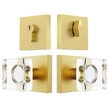 Crystal Glass Door Knob with Deadbolt, Brushed Gold Front Door Knob and Deadbolt Set, Satin Brass Exterior Door