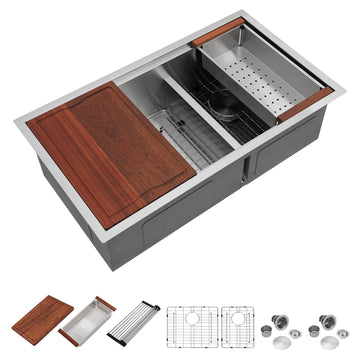 33 Inch Double Bowl Kitchen Sink Undermout Workstation 16 Gauge Stainless Steel Sinks Spacious 60/40 Split Double