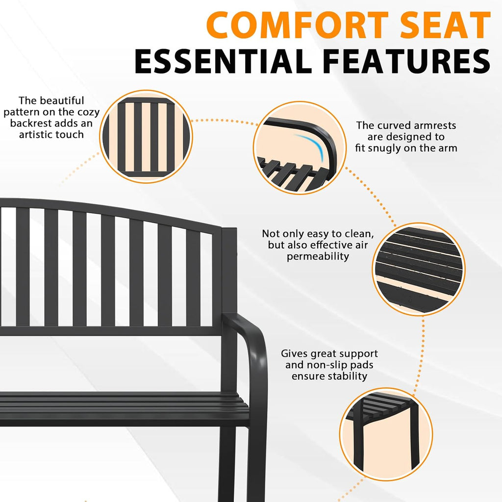 Outdoor Bench Garden Bench, 50" Anti-Rust Patio Bench Clearance, Iron Metal Frame Outdoor Benches Weatherproof for