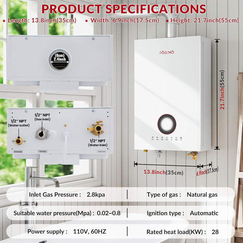 Tankless Water Heater Natural Gas, 4.74 GPM 18L Indoor Instant Hot Water Heater with Digital Fahrenheit Display