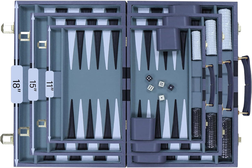 Backgammon Set - Classic Board Game with Premium PU Leather Case - Portable Travel Strategy Backgammon Game Set