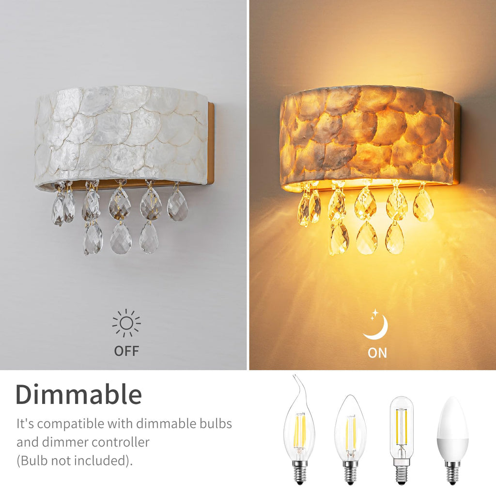 2-Light Capiz Shell Crystal Wall Sconces, Coastal Design Indoor Wall Lamp, Vanity Wall Mount Light Fixture, Shell