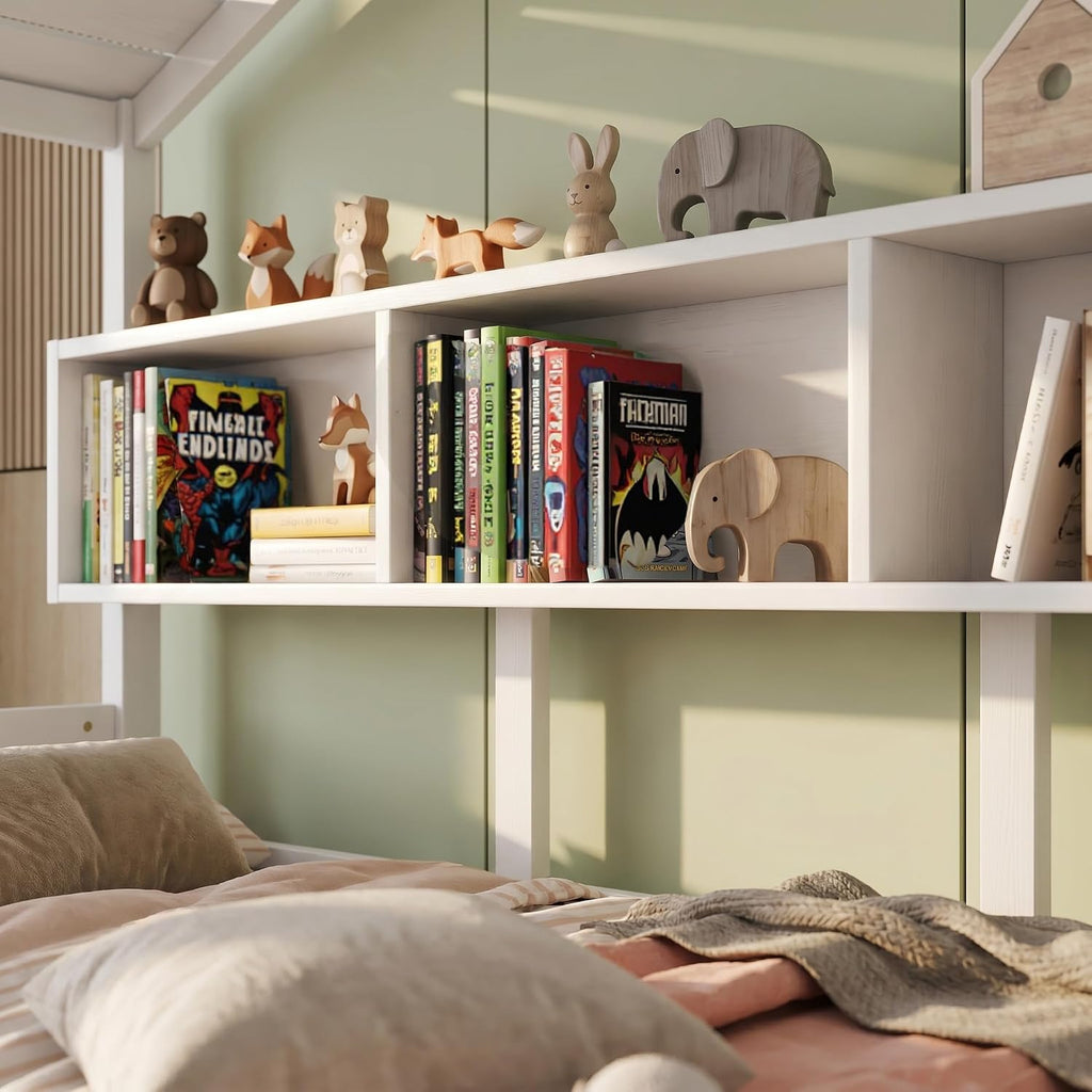 Full Size Bed Frames with Trundle, House Bed for Kids with Storage Shelves, White, 78" L X 58" W X 72" H