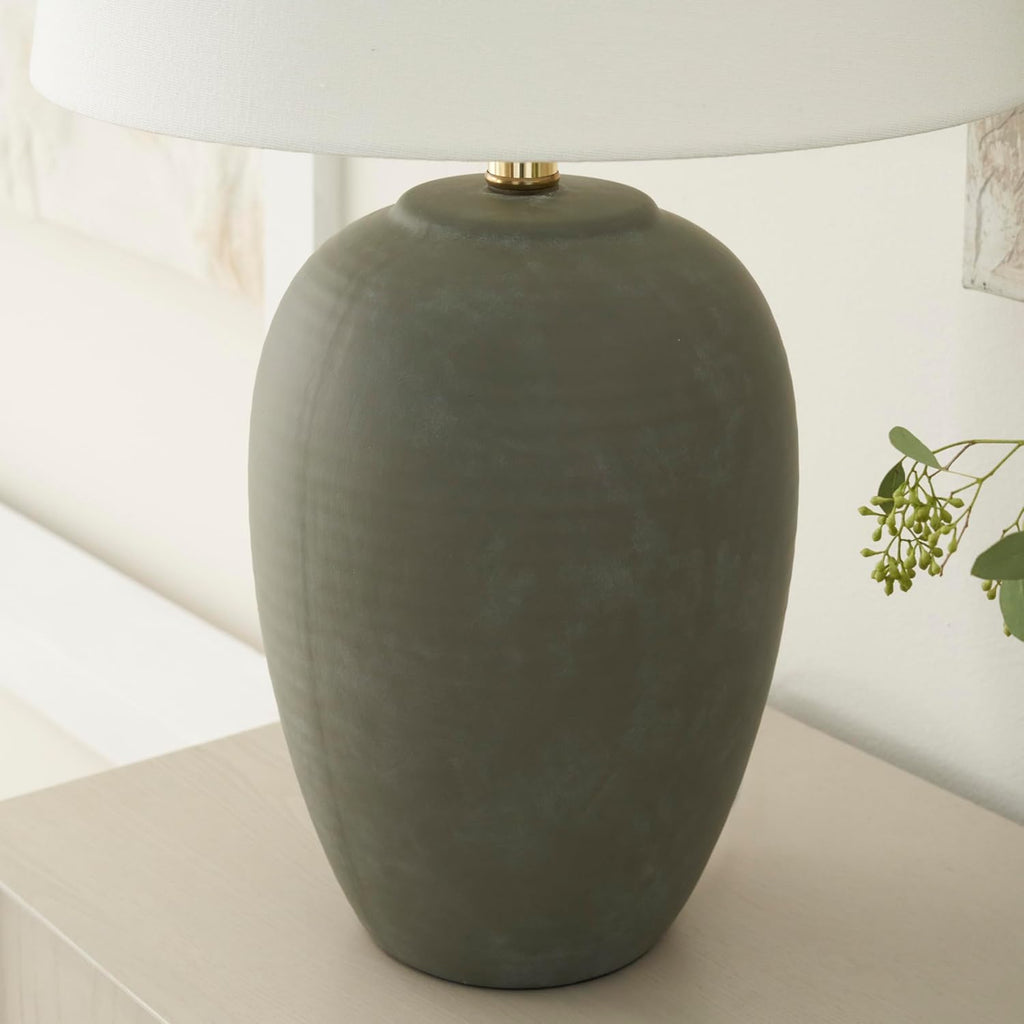 Home 23" Olive Green Ceramic Pot Table Lamp, Dining Office, with White Tapered Drum Shade