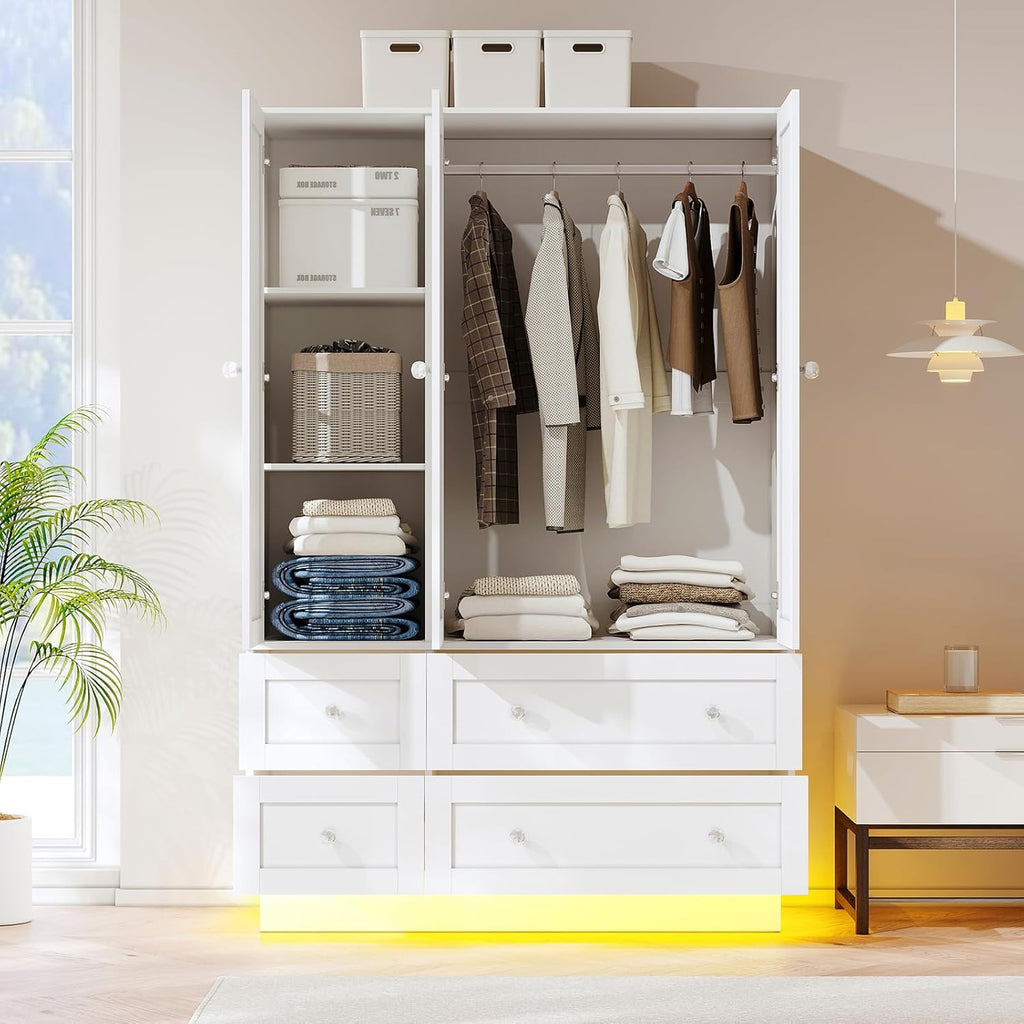 Wardrobe Closet with 3 Doors Bedroom Armoire with Mirror & 4 Drawers | Large Capacity Storage Closet with LED Light
