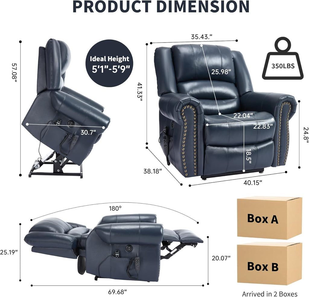 Genuine Leather Power Lift Recliner Chair, Lazy Boy Recliner Chair with Charging Ports for Living Room Theater Seating
