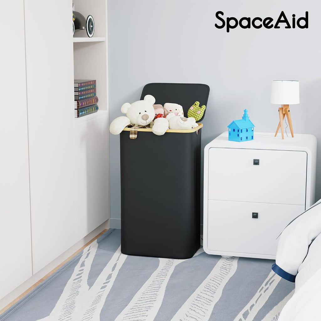 Laundry Hamper with Lid, 110L Large Tall Clothes Basket Bin with Bamboo Handles, Collapsible Laundry Hamper , Laundry