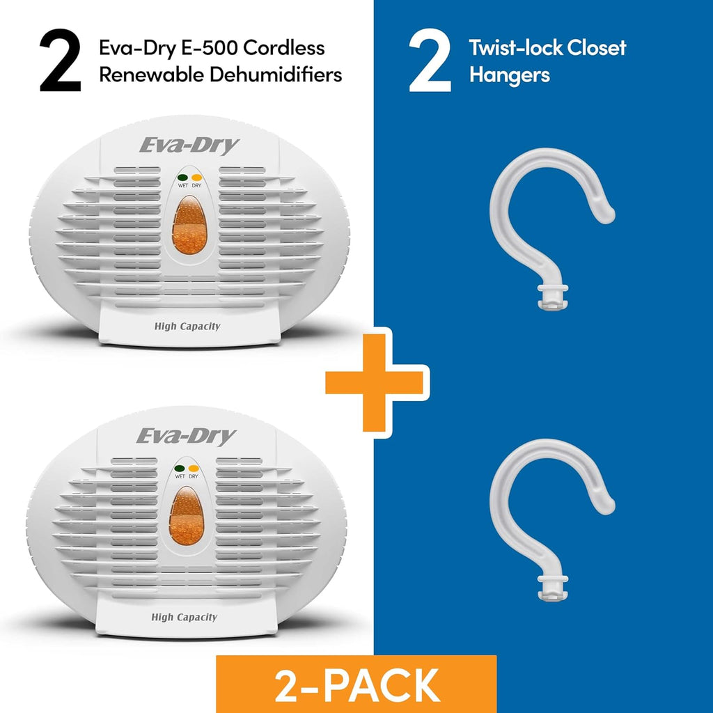 E-500 Renewable Dehumidifier 2-Pack (6 - 8 oz Capacity Each), White - Ideal for Closets, Bathrooms, Safes, Boats