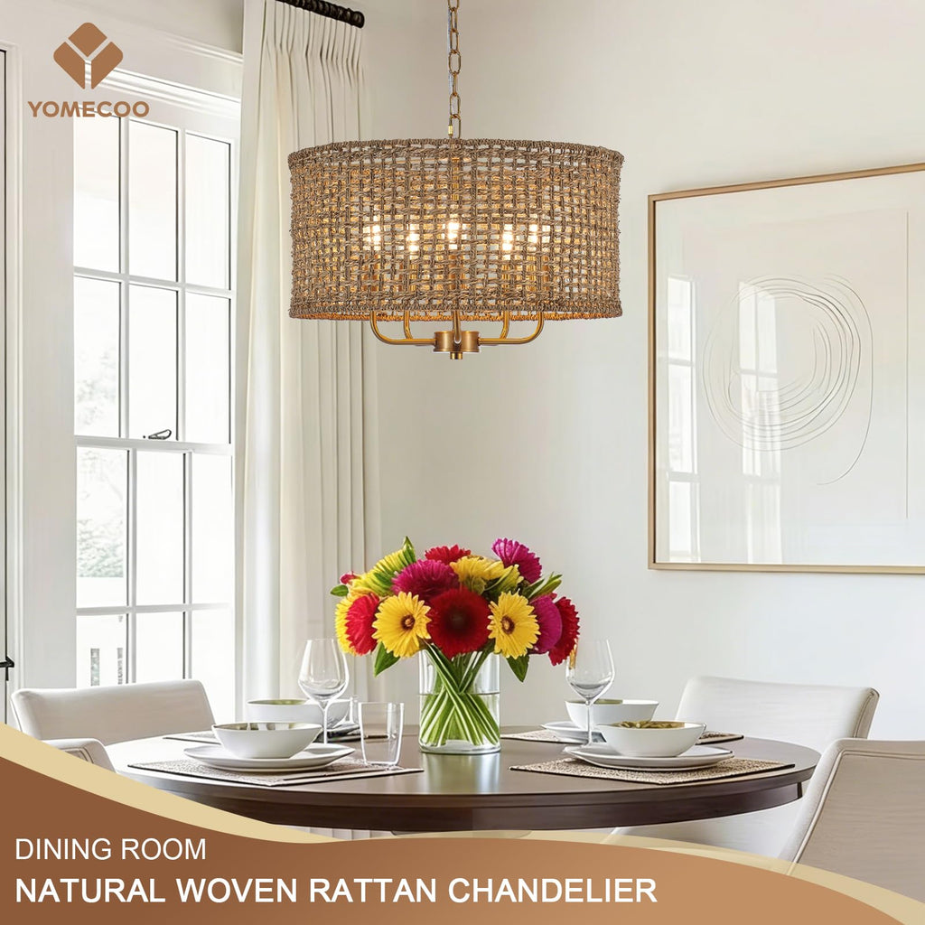 19.7" Gold Rattan Chandelier, 5-Light Boho Wicker Light Fixture
