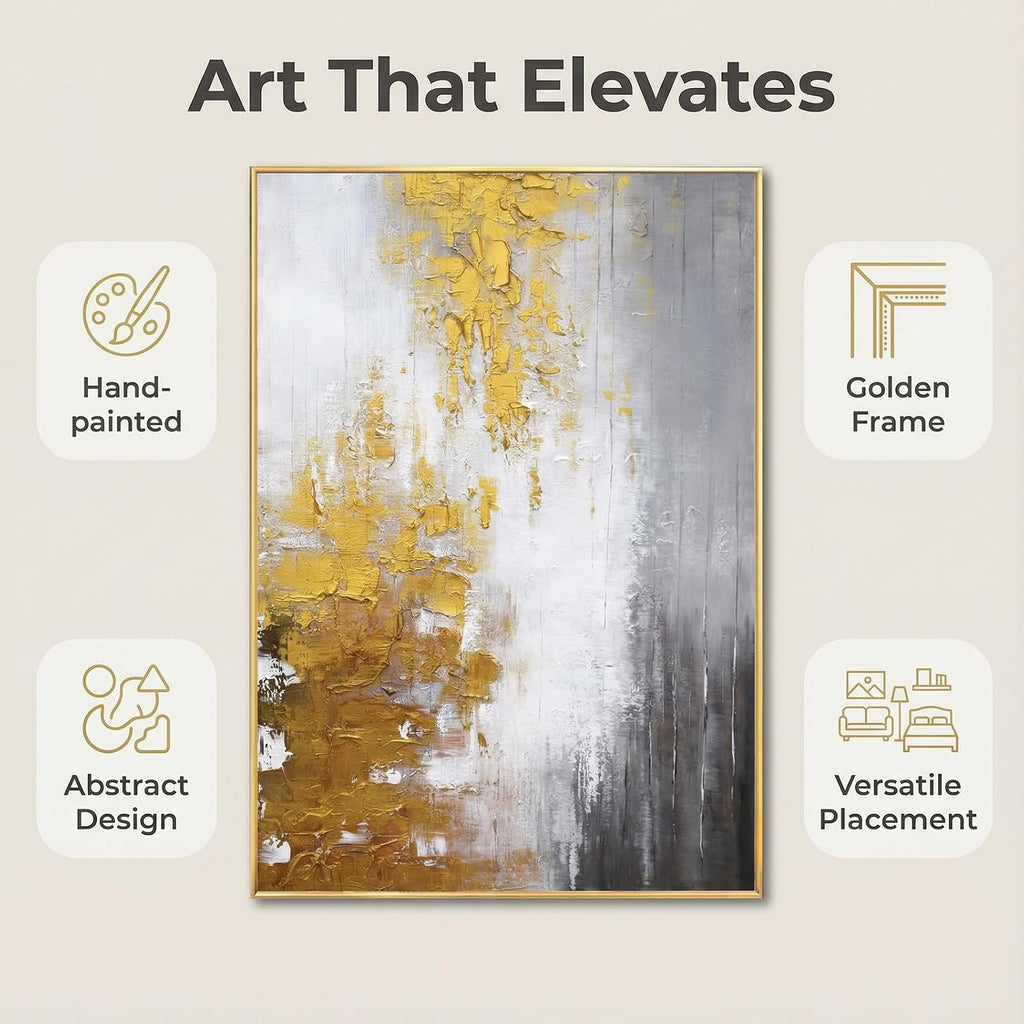 Hand-Painted Black and White Abstract Oil Painting on Canvas for Entrance-Hall, Framed Gold Wall Art ,Large 3D Wall