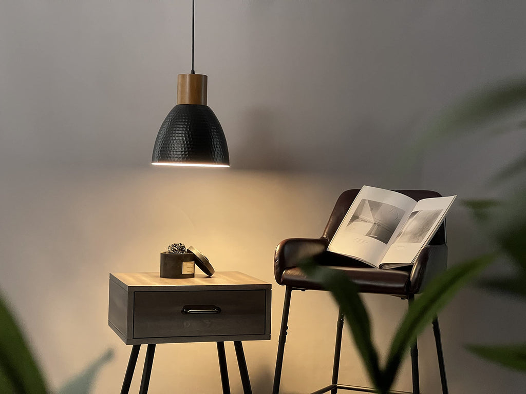 Hammered Pendant Light, 10.2" Industrial Hanging Lamp with Solid Wood & Metal Shade, Modern Pendant Light Fixtures