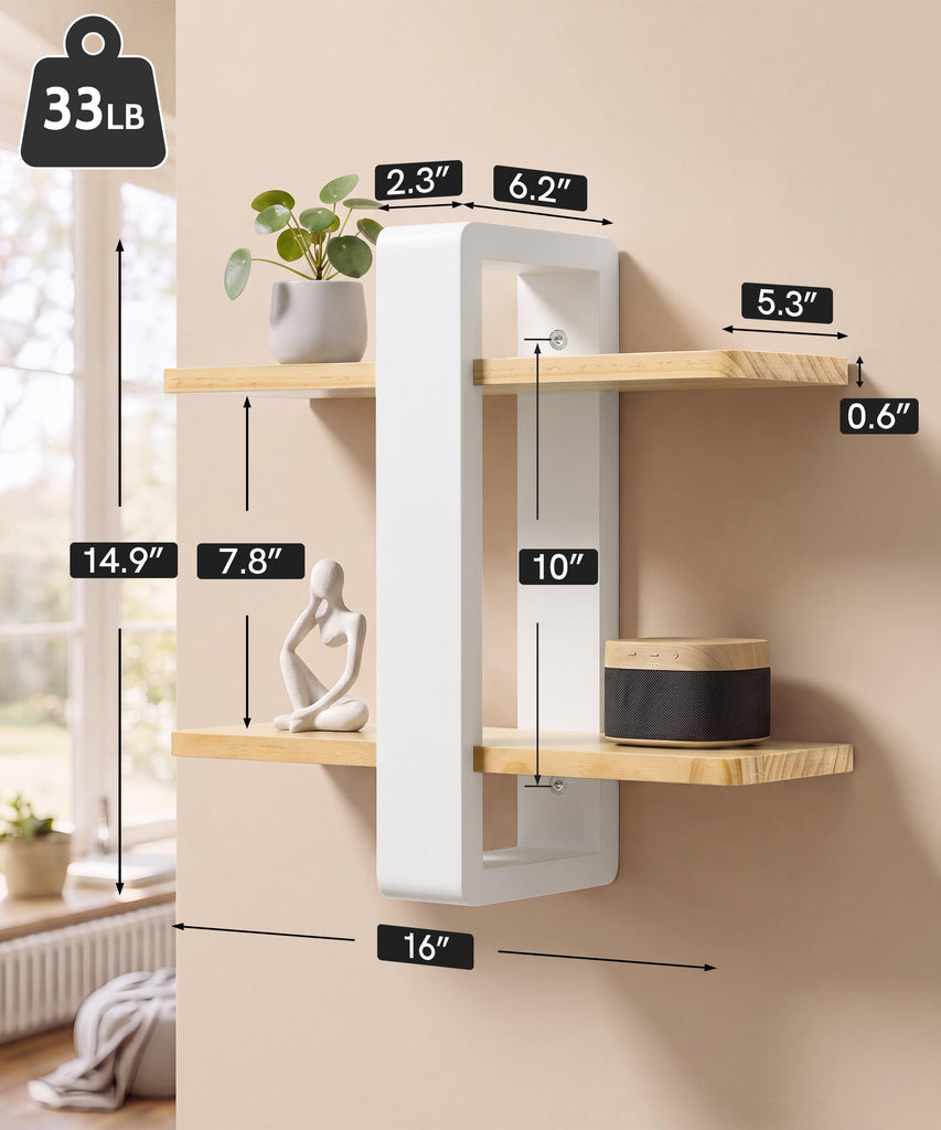 Floating Shelves for Wall White Wood, 2 Tier Adjustable Shelf Unit