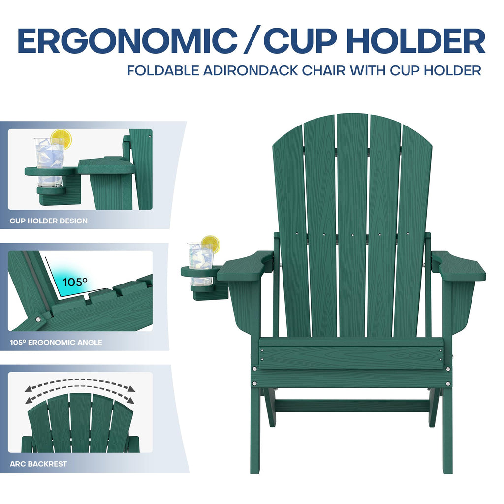 Adirondack Chair Set of 2 with Cup Holders&Table, Green