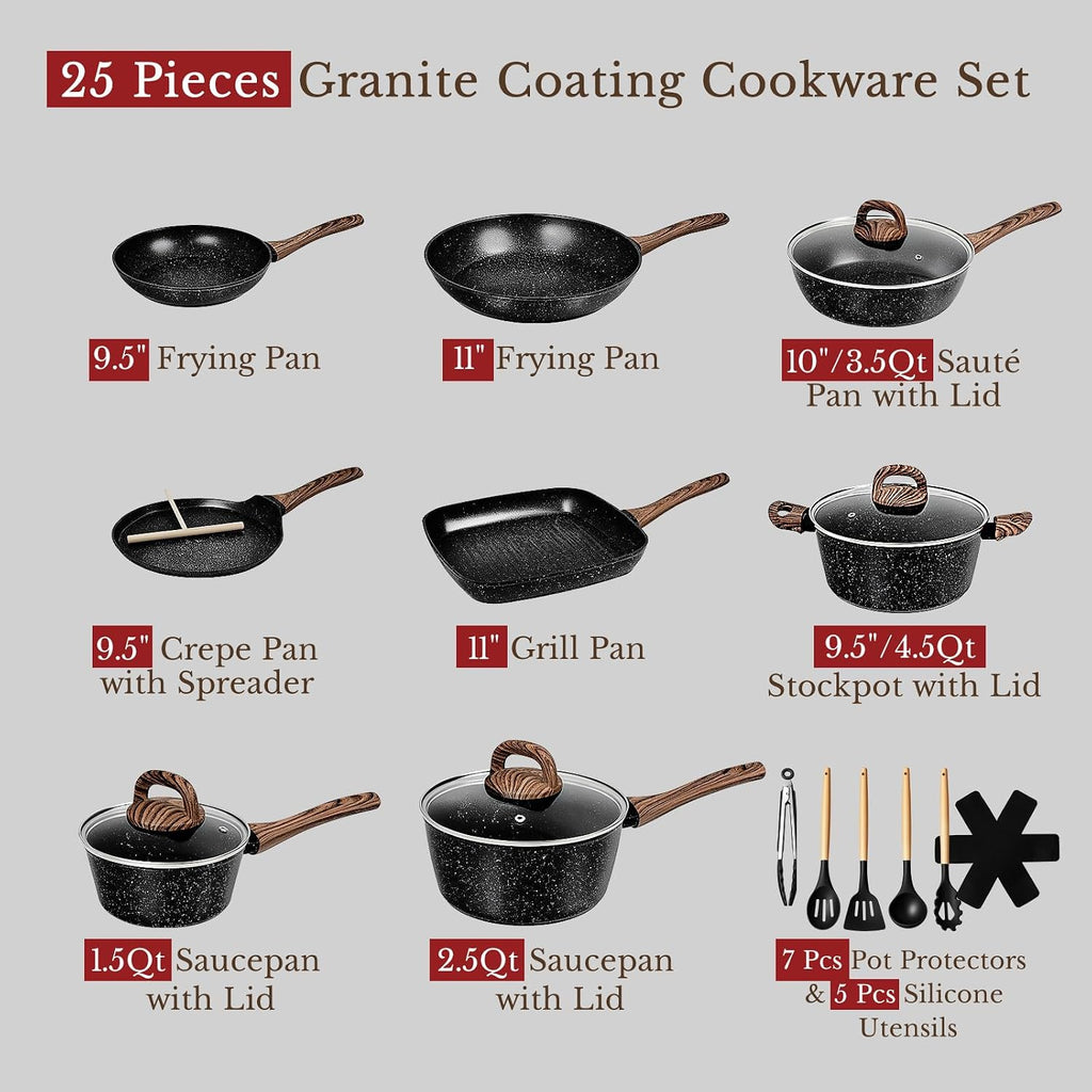 25 Pcs Pots and Pans Set, Nonstick Ceramic Cookware Sets, Healthy Non-Toxic, Large Capacity, Induction Compatible