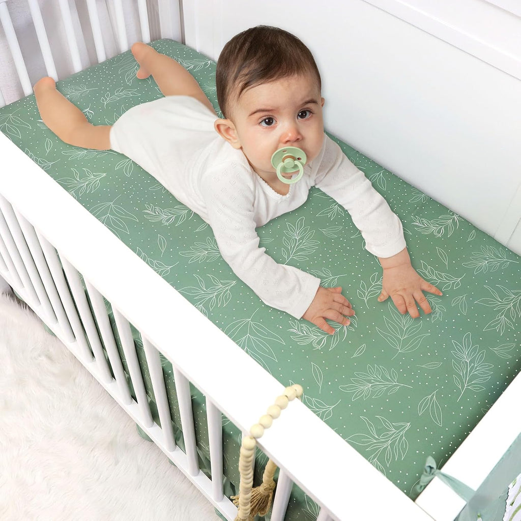 Green Leaf Crib Bedding Set, 4-Piece Baby Boy Bedding Set, Neutral Nursery Bedding Set, Fitted Crib Sheet, Crib