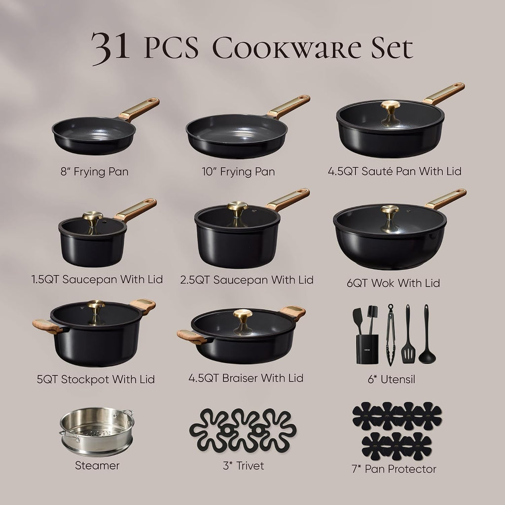31pcs Ceramic Cookware Sets, Pots and Pans Set, with Wok | Healthy Kitchen Cooking, Utensils Included, Dishwasher