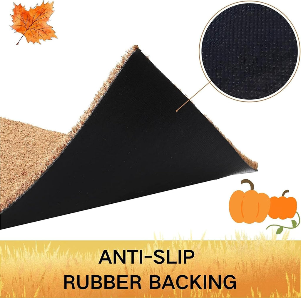 Fall Door Mat Combo Set, Welcome Coco Coir Welcome Doormat + 28" x 43" Mocha and White Plaid Rug, Autumn Thanksgiving