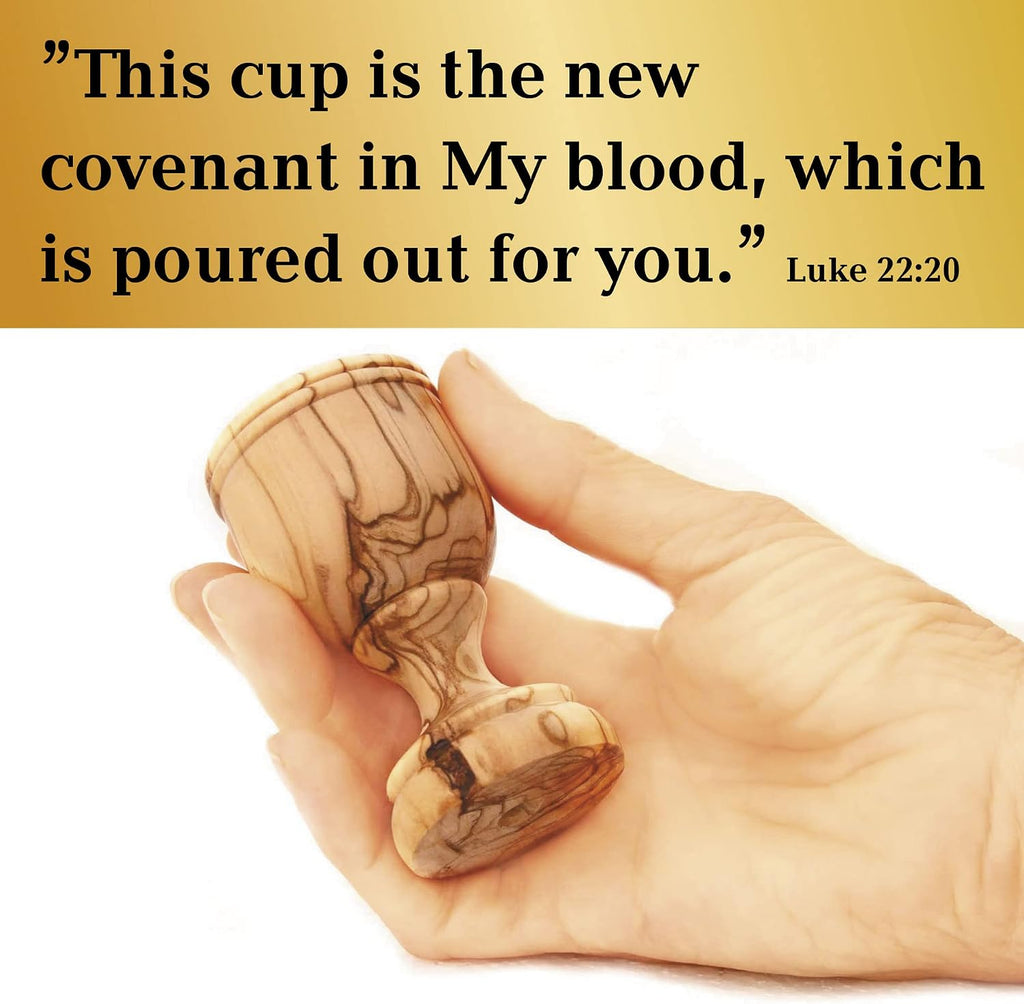 Olive Wood Communion Cups & Bread Plate Set - 4 Hand-Carved Kiddush Goblets with Tray from Bethlehem - Authentic Holy