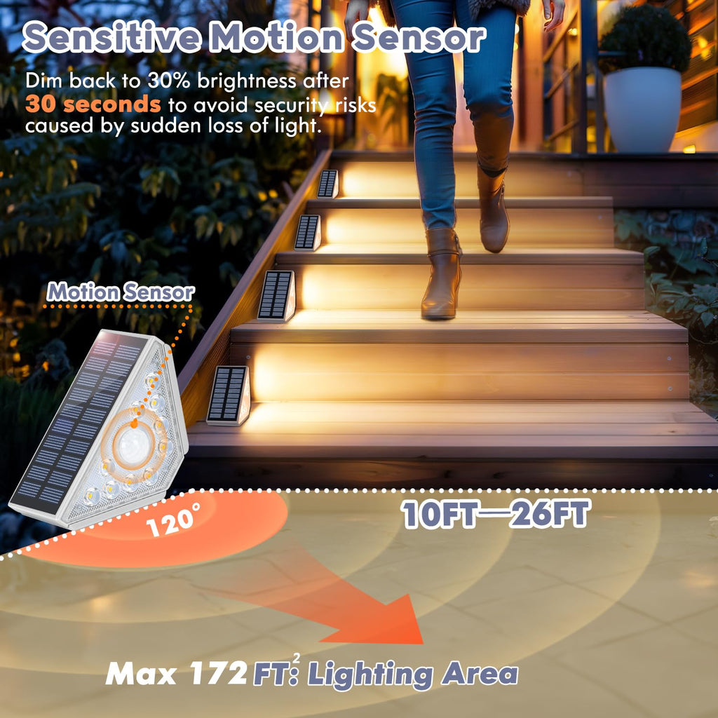Motion Sensor Solar Step Lights for Outside, 4-Pack Outdoor Stair Lights Waterproof IP67, Solar Powered LED Outdoor