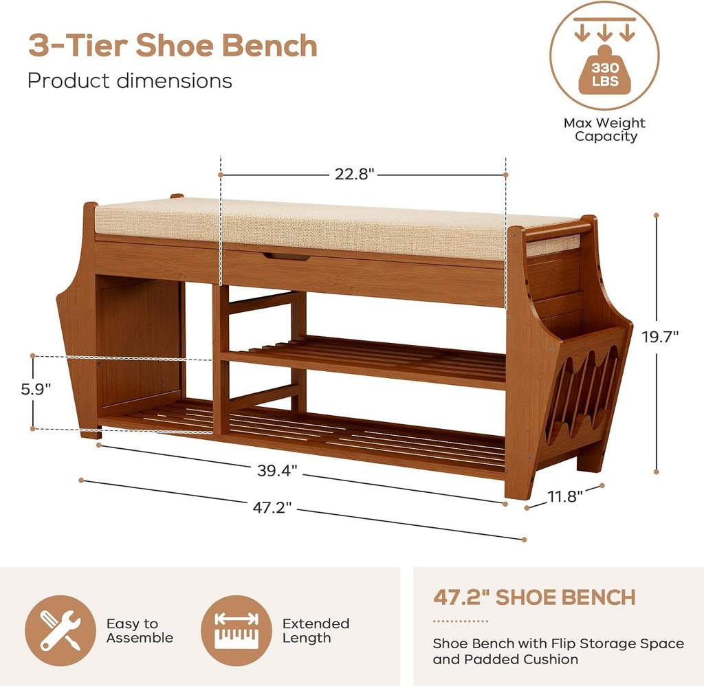 47.2in Shoe Bench Entryway - Bamboo Shoe Rack Bench with Storage, Shoe Rack Organizer with Cushion, 2 Side Holder