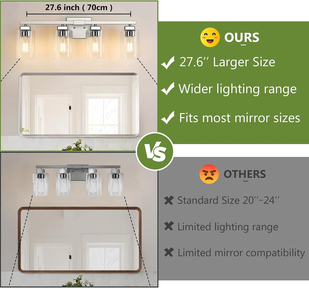 27" Bathroom Light Fixtures,4-Light Vanity Light Brushed Nickel | Square Clear Glass & Durable Metal, Quick & Easy