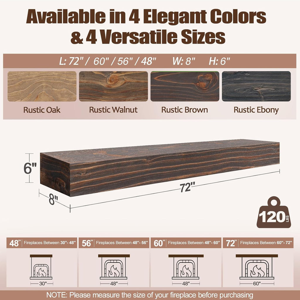72" Solid Wood, Rustic Mantel Shelf Wall Mounted for Over Fireplace, Farmhouse Hanging Shelf, Rustic Brown