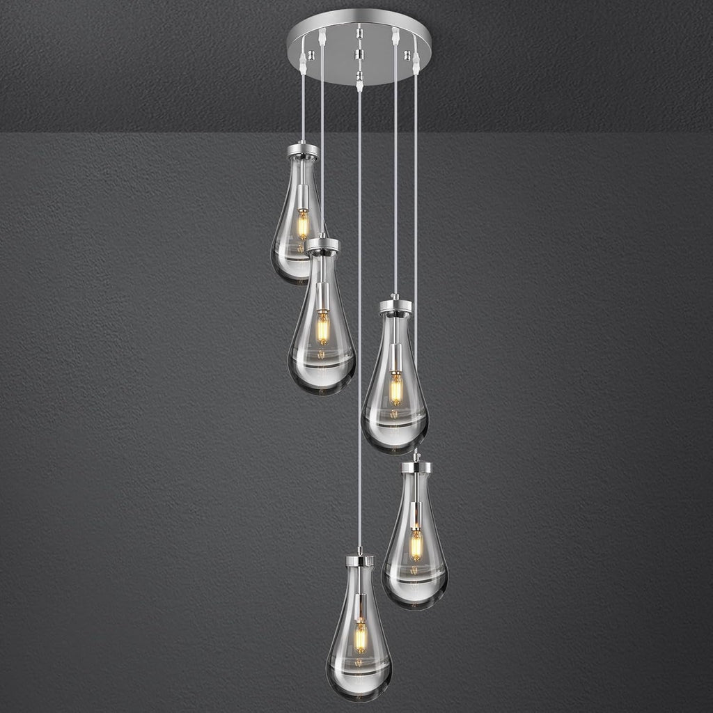 Raindrop Pendant Lights Kitchen Island Teardrop Chrome Hanging Light Fixtures Clear Solid Glass Pendant Light Modern Chandeliers for Dining Room Porch Corridor Living Room (5-Light) A121-B0CJF6N3LL