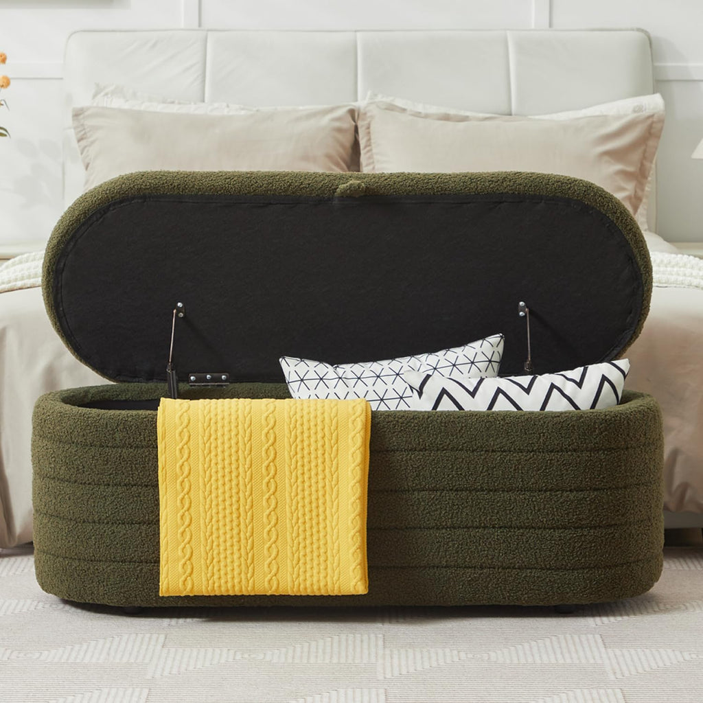 Storage Ottoman Bench End of Bed ,45 inch Boucle Upholstered Entryway Shoe Seat Bench w/ Storage,Sherpa Modern Cute