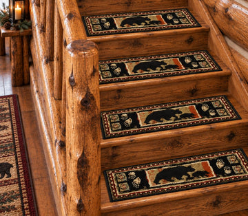 Rug Rustic Ranch Black Bear Non Skid Lodge Stair Tread 9"x30" - 14 Piece Set with Landing Rug