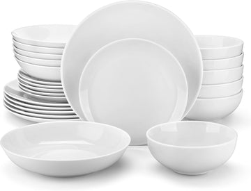 24-Piece Gourmet Porcelain Dinnerware Sets, Modern White Round Dish Set for 6