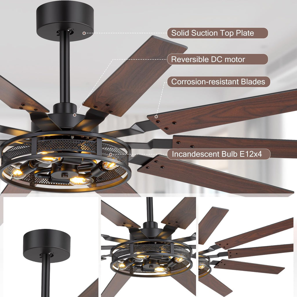 60 Inch Farmhouse Ceiling Fans with Rustic Lights, Caged Ceiling Fans with Remote