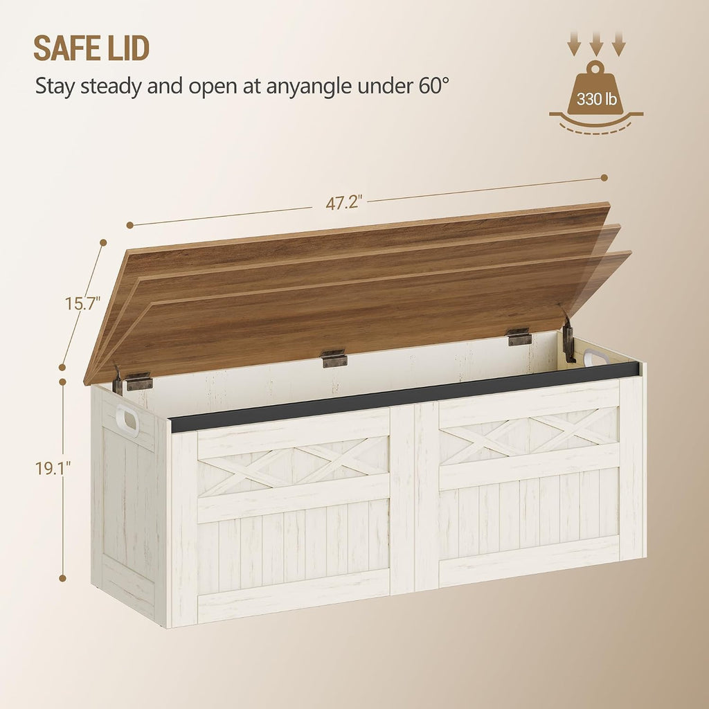 47" Storage Bench, Lift Top,210L/55 Gal Large Storage Chest | | 330lb Load Capacity, Retro White, Farmhouse Style