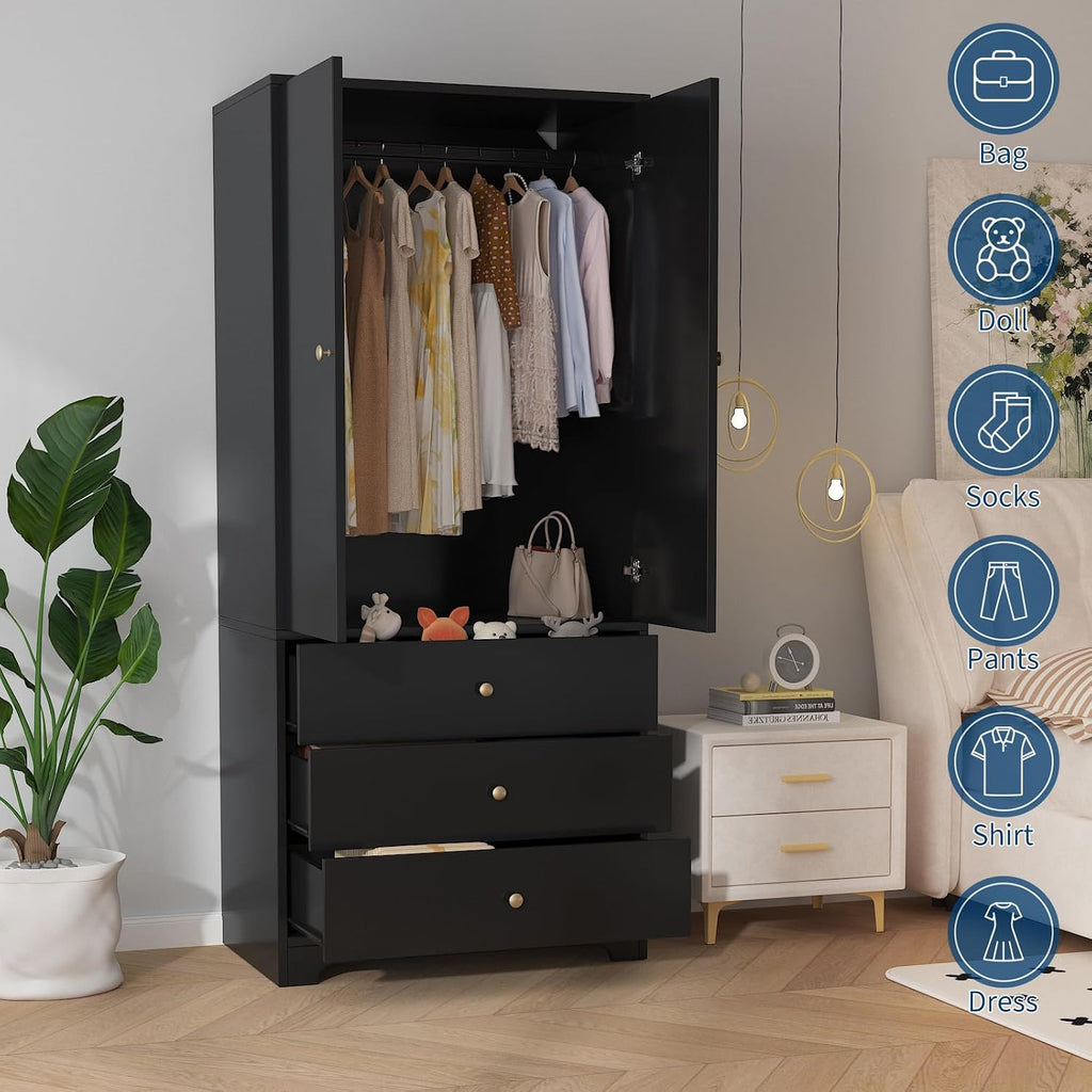 71" Armoire Wardrobe Closet, Bedroom Armoire Clothing Storage Cabinet | 3 Drawers & 2 Doors and Adjustable Shelves