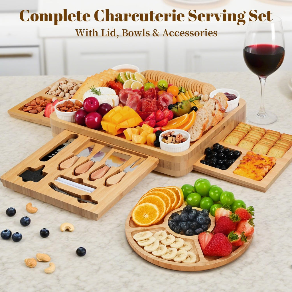 Large Bamboo Charcuterie Board Set with Lid, Drawers, Cream | Includes serving utensils and a fruit tray for easy