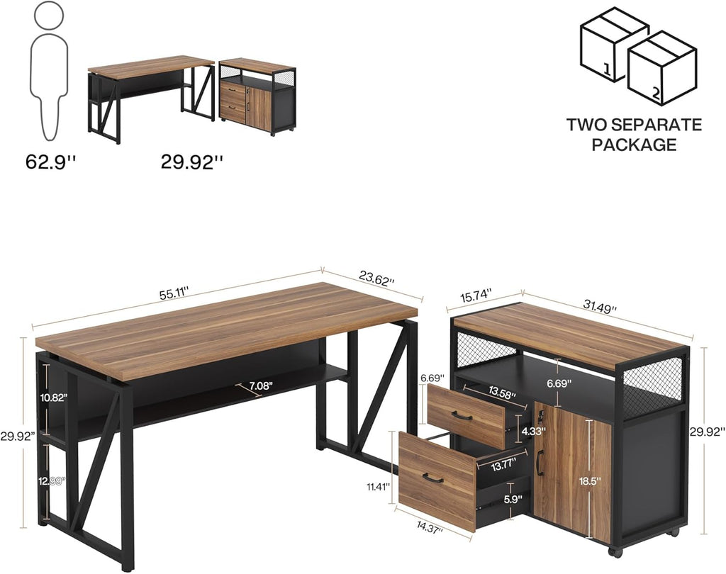 55-inch L Shaped Desk with Drawer Cabinet, Executive Computer Desk and lateral File Cabinet