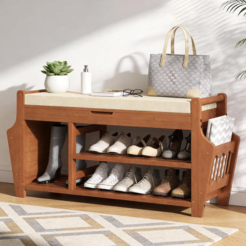 47.2in Shoe Bench Entryway - Bamboo Shoe Rack Bench with Storage, Shoe Rack Organizer with Cushion, 2 Side Holder