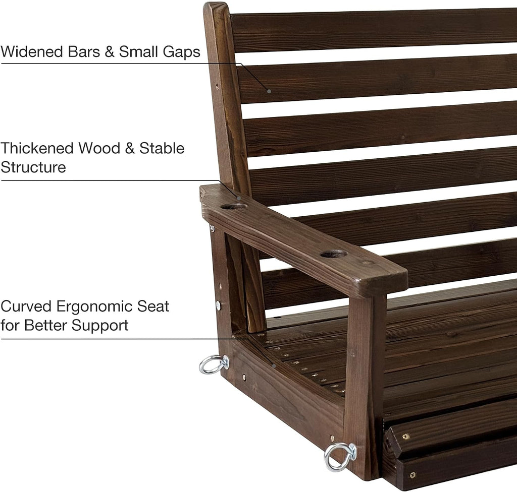 Wooden Porch Swing, Ergonomic Seat, Bench Swing with Hanging Chains and 7mm Springs, Heavy Duty 880 LBS, for Outdoor