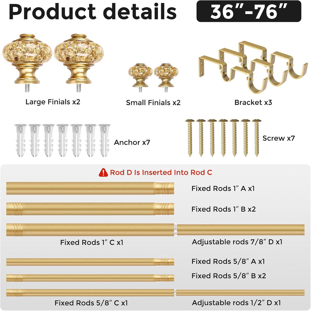 Gold Double Curtain Rod, 1 Inch Adjustable Decorative Crystal Dual Curtain Rod, Heavy Duty Vintage