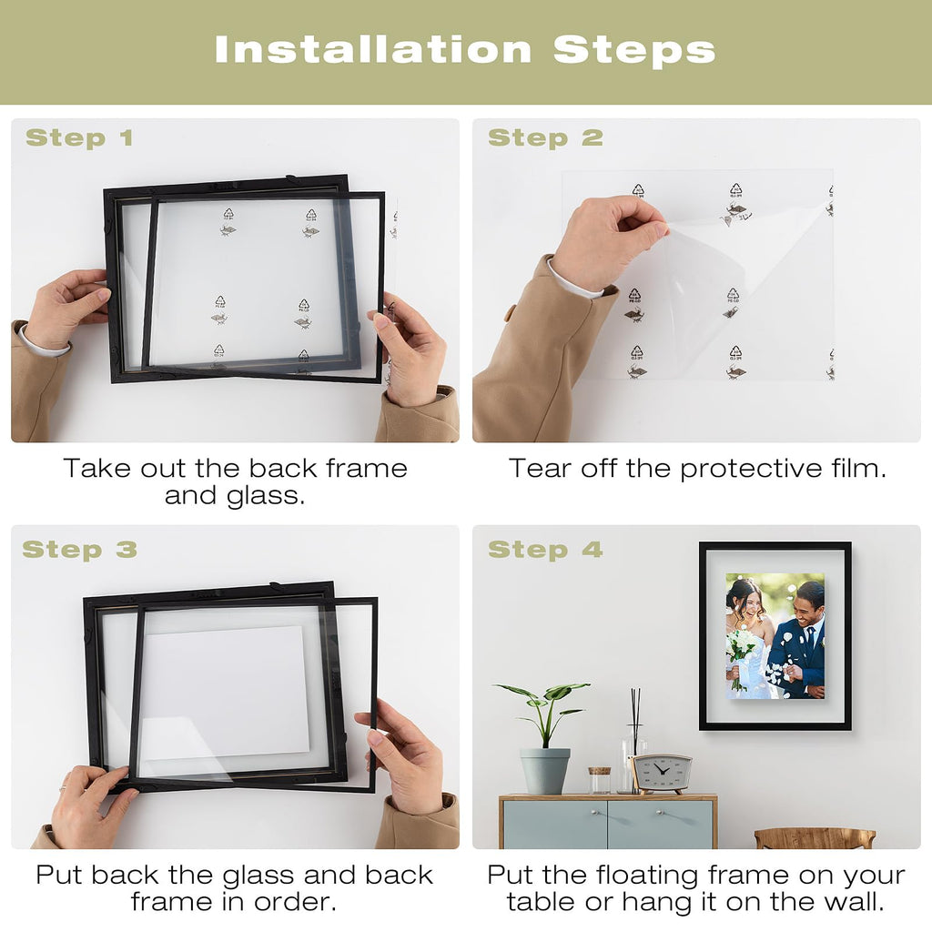 16x20 Floating Picture Frame Black - Solid Wood for Pressed Flower -1 Pack