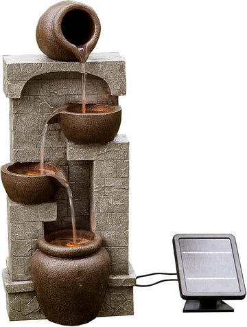28 in. Cascading Bowls and Stacked Stones LED Outdoor Water Fountain Living Spaces to Create a Calming Oasis