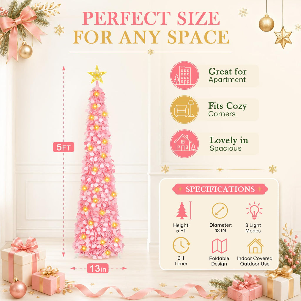 5FT Pop Up Christmas Tree with Lighted Top Star for Pink Decorations