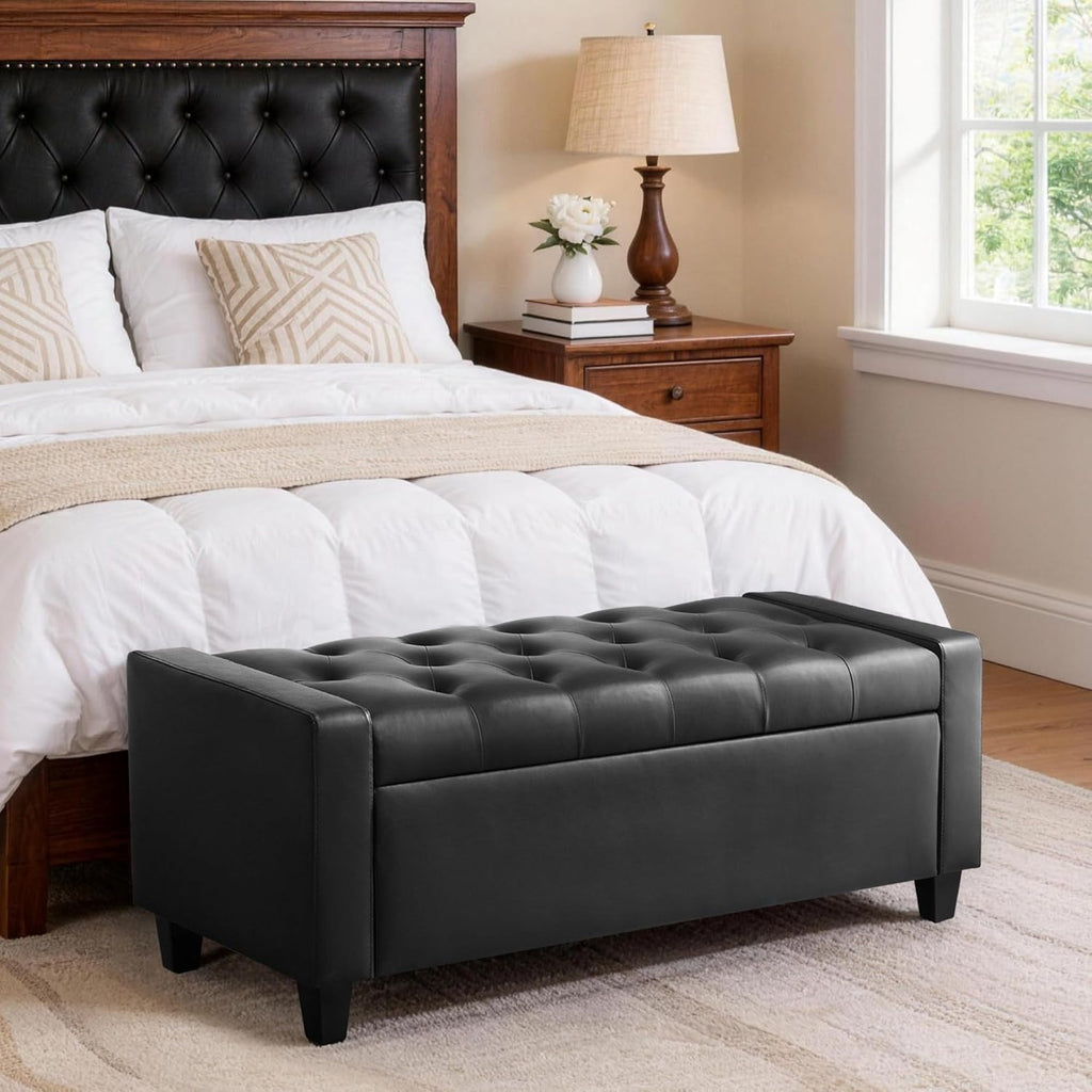 Ottoman with Storage, PU Leather Storage Ottoman Bench | Storage Bench with Safety Hinge,Bedroom Benches with Seating