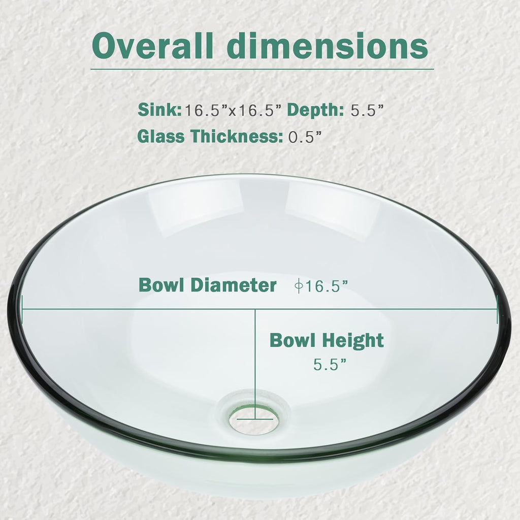 Design Vessel Sink Bathroom Sink above counter Small Vessel Sink Bathroom Sink Bowl Countertop Modern Sinks with faucet and drain combo 16.5" Round Transparent New