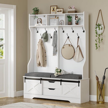 Hall Tree with Bench and Shoe Storage, Entryway Bench with Coat Rack, Modern Farm House Barn Door 3-in-1 Hall Tree